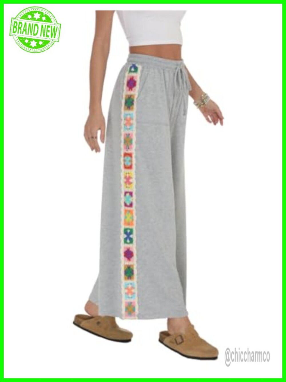 Women's Wide Leg Drawstring Waist Sweatpants with Crochet Panel & Pockets